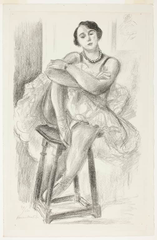 Kunstdruck von Henri Matisse: Sitzende Tänzerin auf einem Hocker in einer ausdrucksstarken, farbenfrohen Komposition.