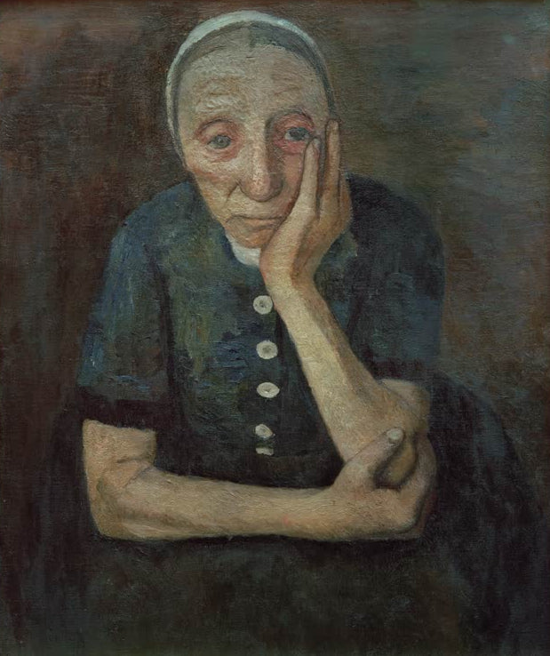 Kunstdruck des Gemäldes Sitzende alte Frau mit aufgestütztem Arm von Paula Modersohn-Becker mit dem Porträt einer sitzenden älteren Frau, die ihren Arm aufstützt.