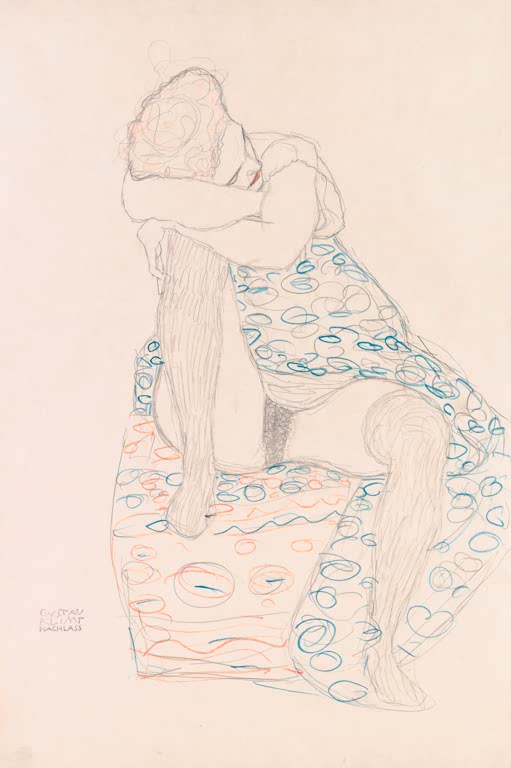 Kunstdruck von „Sitzende mit gerafftem Rock“ von Gustav Klimt mit eleganter Figurenstudie und feiner Linienführung. In Deutschland von Hand gefertigt, als Leinwand oder Poster erhältlich.