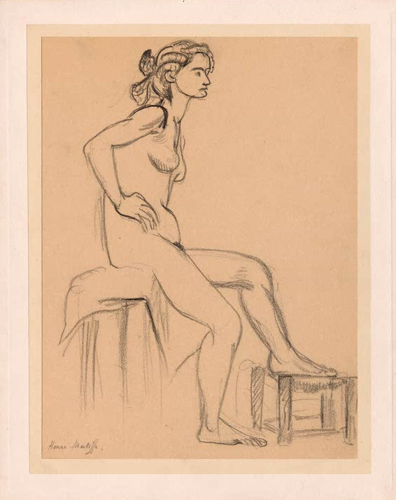 Kunstdruck „Sitzende weibliche Aktstudie, einen Fuß auf einem Schemel“ von Henri Matisse, handgefertigt in Deutschland