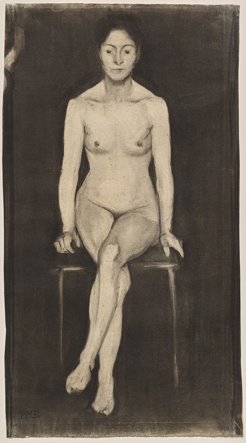 Expressionistisches Gemälde 'Sitzender weiblicher Akt' von Paula Modersohn-Becker, das eine nackte Frau in einer natürlichen, entspannten Pose darstellt.
