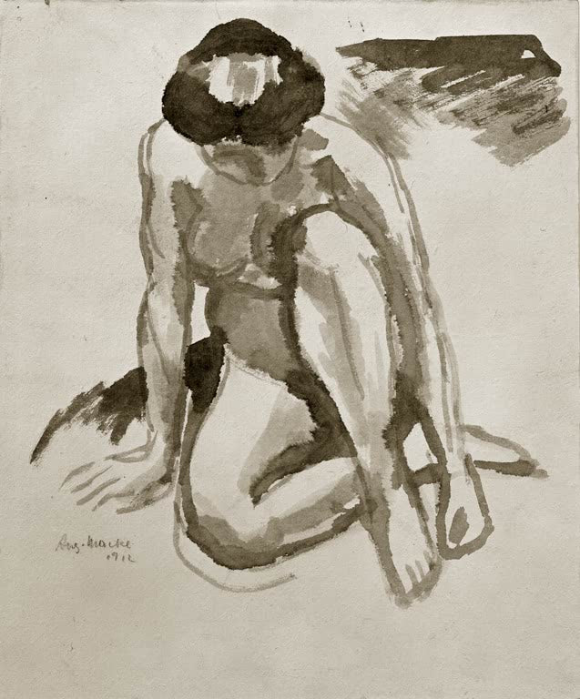 Kunstdruck des Gemäldes „Sitzender Akt, vorgebeugt“ von August Macke. Hochwertig in Deutschland von Hand gefertigt, erhältlich als Poster oder Leinwand und optional gerahmt.