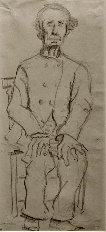 Kunstdruck von „Sitzender Alter“ von Paula Modersohn-Becker. Ausdrucksstarke Figurenstudie eines älteren Mannes mit charakteristischer Farbgebung, in Deutschland handgefertigt.