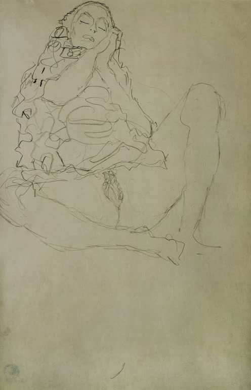 Kunstdruck des Gemäldes „Sitzender Halbakt mit geschlossenen Augen“ von Gustav Klimt – hochwertige Reproduktion einer ausdrucksstarken Aktstudie.