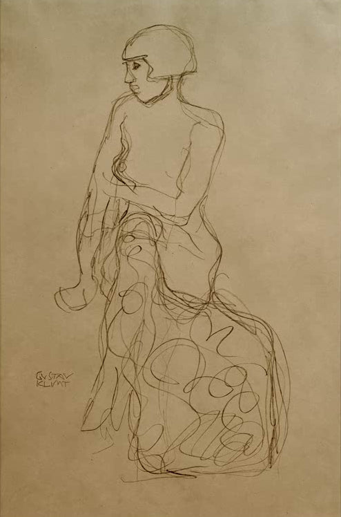 Kunstdruck des Gemäldes „Sitzender Halbakt nach links“ von Gustav Klimt – hochwertige Reproduktion einer ausdrucksstarken Aktstudie.