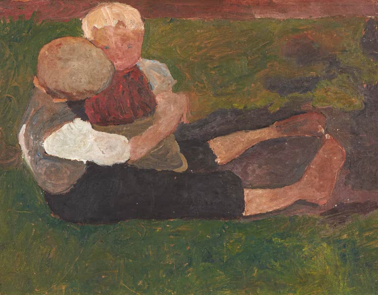 Kunstdruck „Sitzender Junge mit Mädchen auf dem Schoß“ von Paula Modersohn-Becker mit zwei Kindern in ruhiger Szene