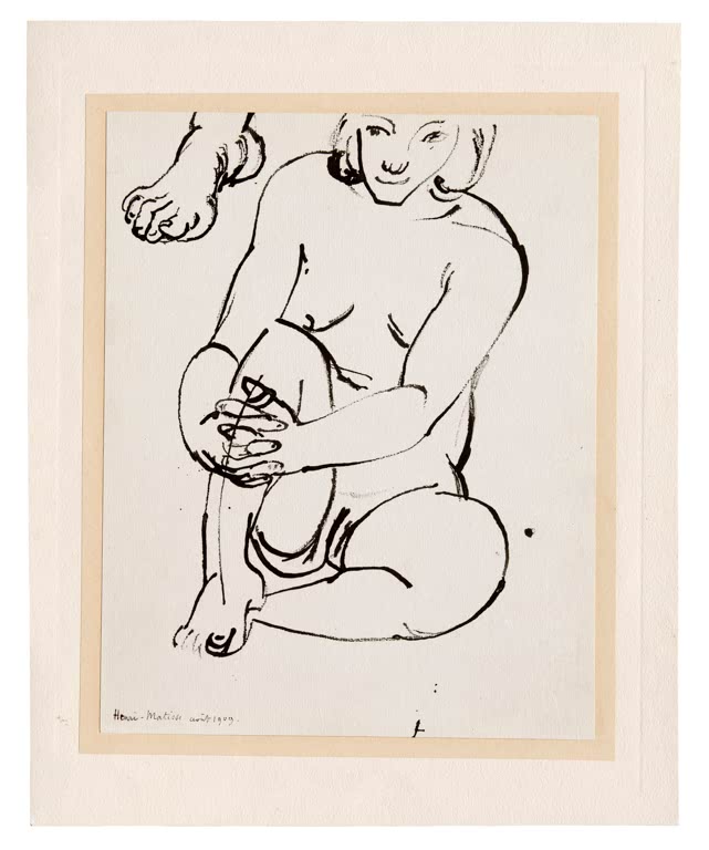 Kunstdruck „Sitzender weiblicher Akt, ein Knie haltend, mit Fußskizze“ von Henri Matisse, handgefertigt in Deutschland