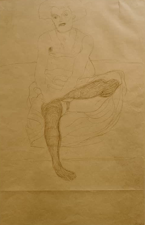 Kunstdruck des Gemäldes „Sitzender weiblicher Halbakt von vorne“ von Gustav Klimt – hochwertige Reproduktion einer ausdrucksstarken Aktstudie.