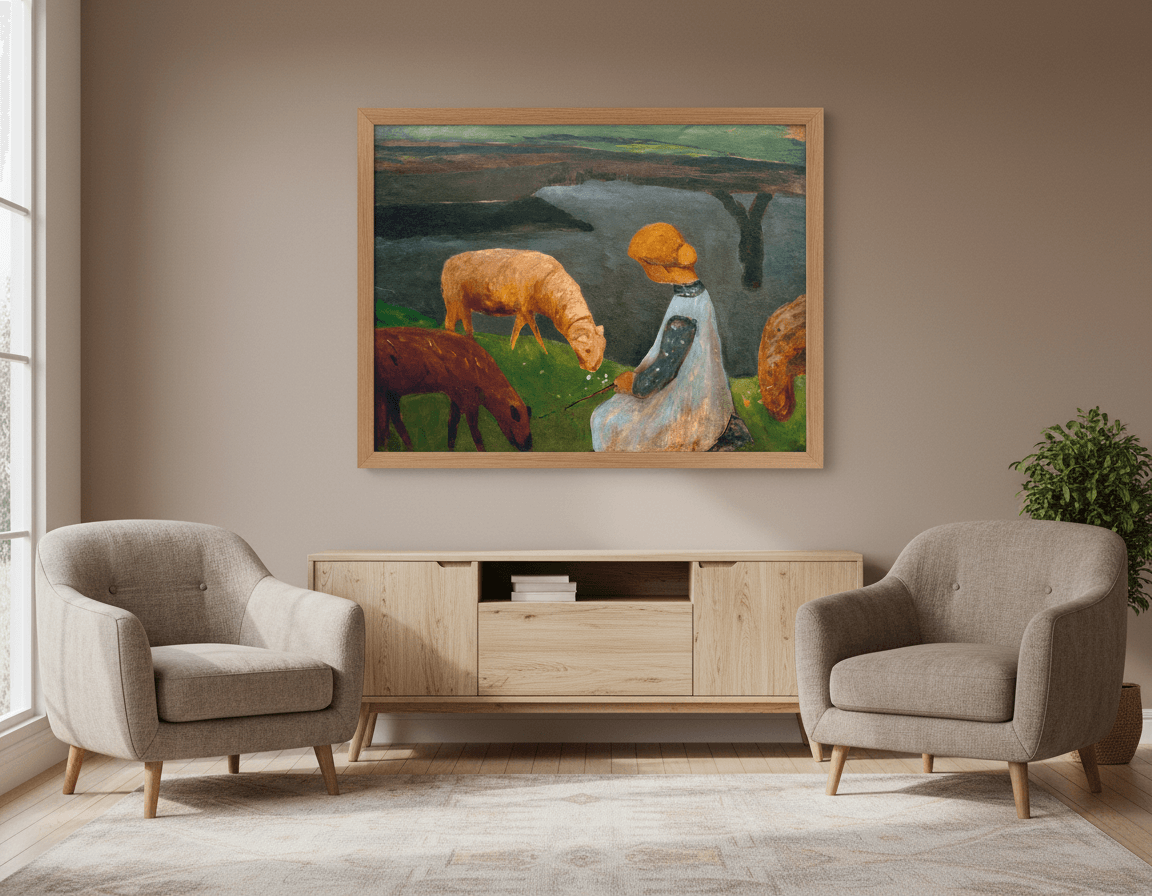 Sitzendes Mädchen mit Schafen am Weiher I | Paula Modersohn-Becker