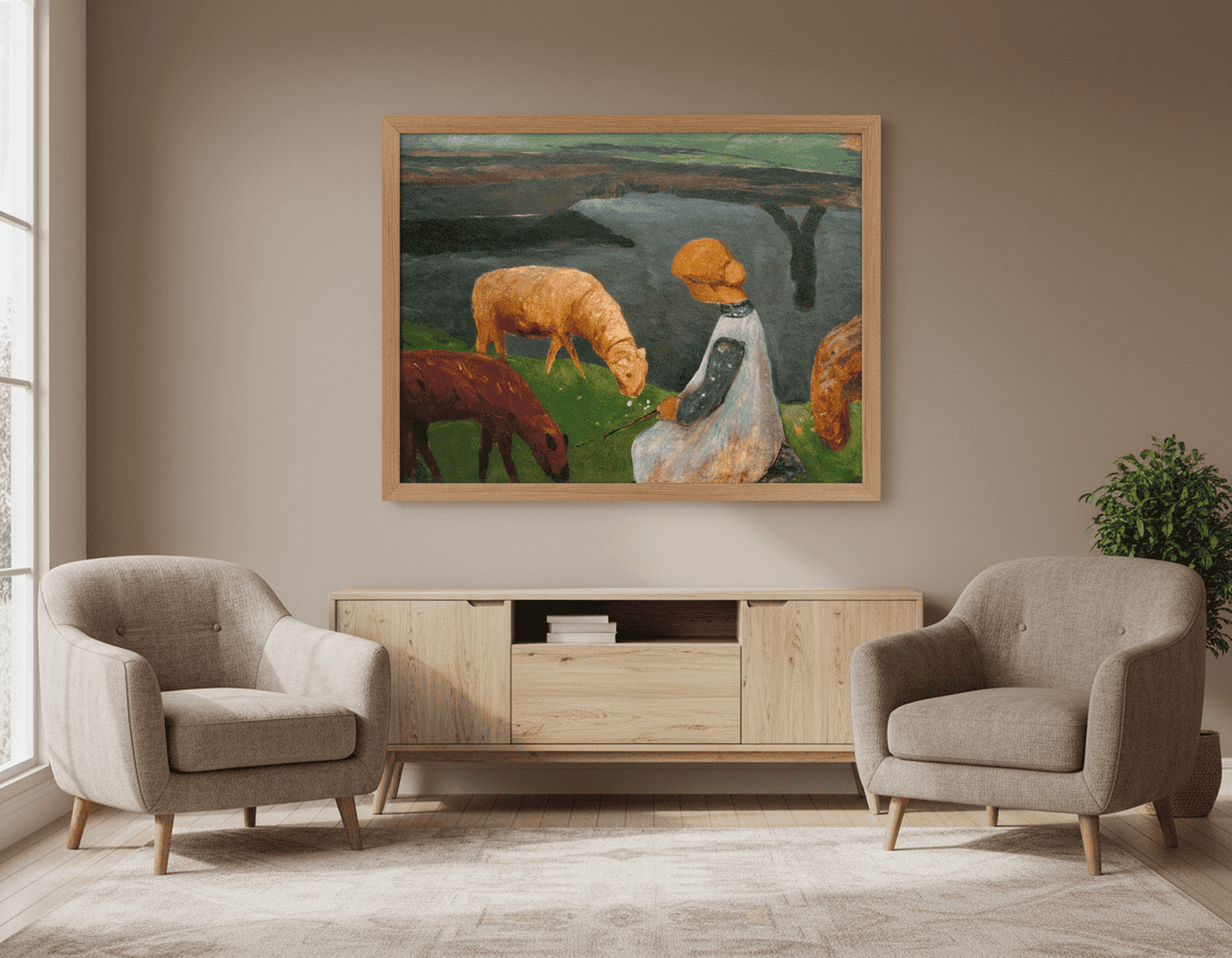 Sitzendes Mädchen mit Schafen am Weiher I | Paula Modersohn-Becker