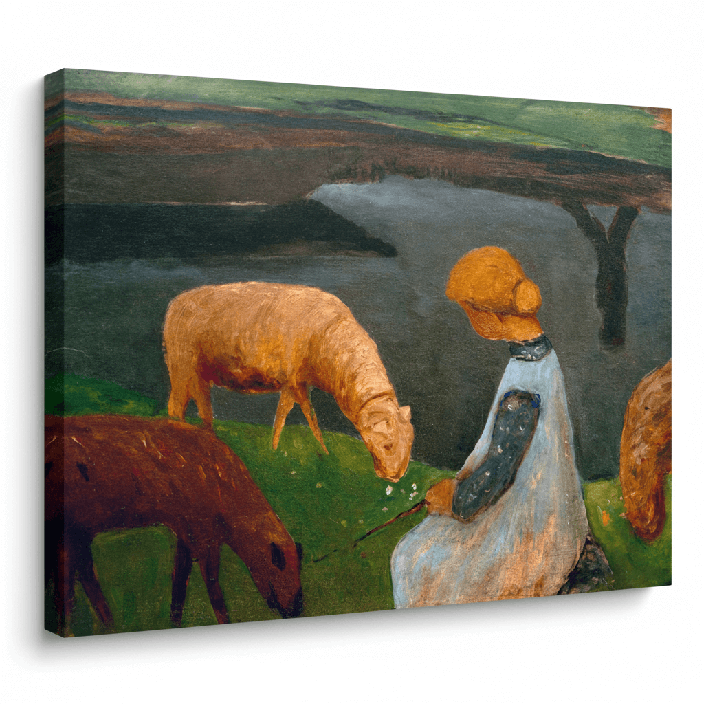 Sitzendes Mädchen mit Schafen am Weiher I | Paula Modersohn-Becker