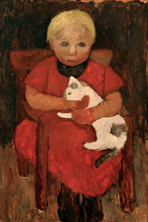 Kunstdruck von „Sitzendes Bauernkind mit Katze“ von Paula Modersohn-Becker. Ausdrucksstarke Kinderdarstellung mit Tiermotiv und charakteristischer Farbgebung, in Deutschland handgefertigt.