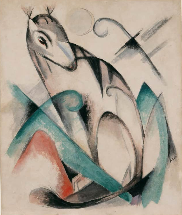 Kunstdruck des Gemäldes „Sitzendes Fabeltier“ von Franz Marc. Hochwertig in Deutschland von Hand gefertigt, erhältlich als Poster oder Leinwand und optional gerahmt.