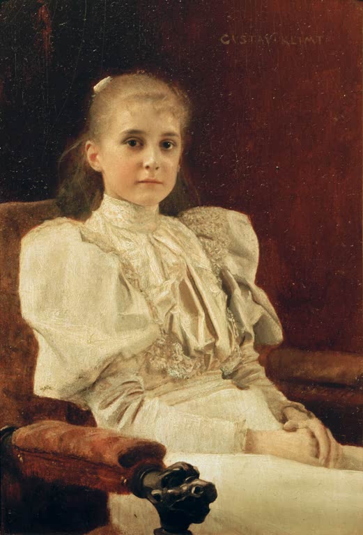 Kunstdruck des Gemäldes „Sitzendes junges Mädchen“ von Gustav Klimt – hochwertige Reproduktion eines ausdrucksstarken Jugendstil-Porträts.