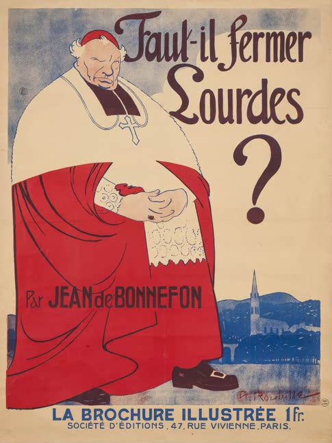 Kunstdruck „Soll Lourdes geschlossen werden?“ von Auguste Roubille mit satirischer Illustrationsszene