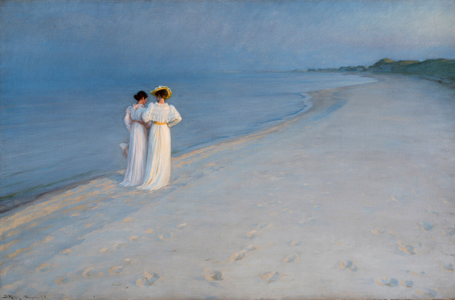 „Sommerabend am Skagener Südstrand“ von Peder Severin Krøyer: Zwei Frauen spazieren barfuß am Strand bei Sonnenuntergang, eingefangen in sanften Licht- und Farbnuancen des nordischen Sommers.