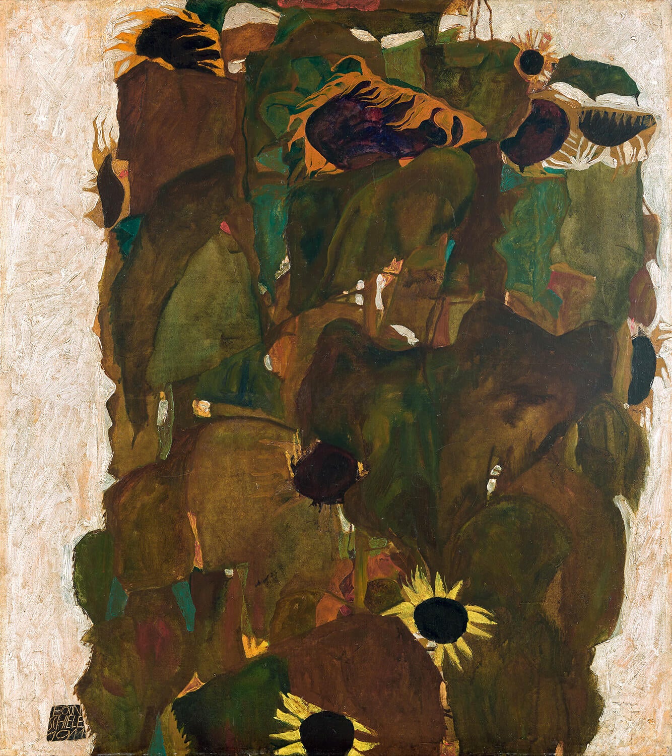 Das Gemälde „Sonnenblumen I“ von Egon Schiele zeigt eine expressive Darstellung von Sonnenblumen in intensiven Gelb- und Brauntönen. Die dynamischen Linien und die verwelkenden Blüten betonen die Vergänglichkeit der Natur, während der helle Hintergrund die Dramatik des Motivs verstärkt.