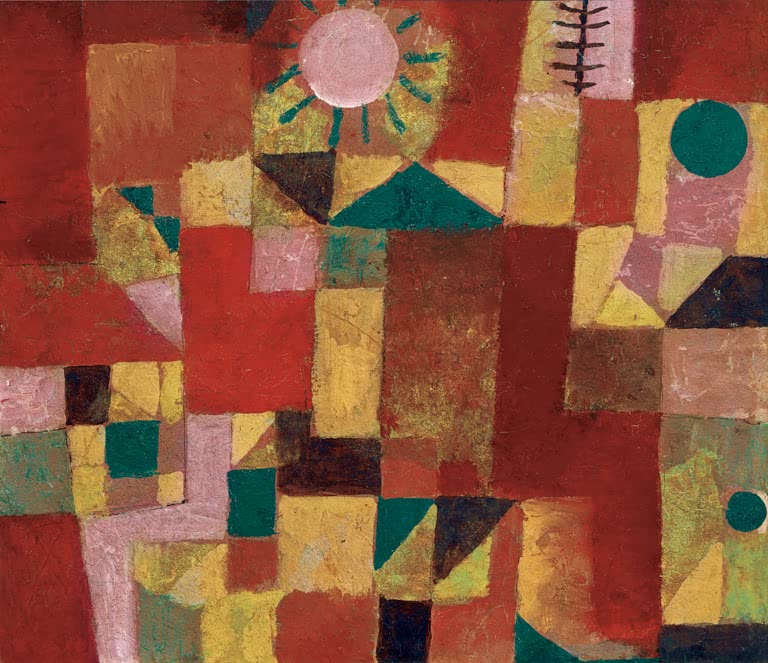 Kunstdruck „Sonnengold“ von Paul Klee mit abstrakter Komposition in leuchtenden goldenen und warmen Farbtönen

