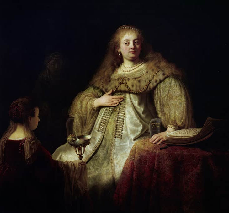 Kunstdruck von Rembrandts Gemälde „Sophonisbe empfängt den Giftbecher auf Befehl ihres Gatten“ mit der dargestellten Sophonisbe.