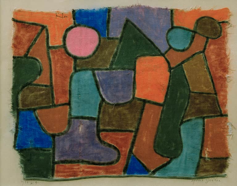 Kunstdruck von „Spätes Glühen“ von Paul Klee mit abstrakter Farbkomposition und leuchtenden warmen Farbtönen.