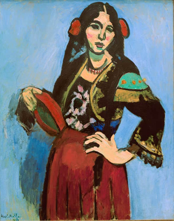 Kunstdruck „Spanierin mit Tamburin“ von Henri Matisse mit einer stilisierten Darstellung einer Frau mit Tamburin