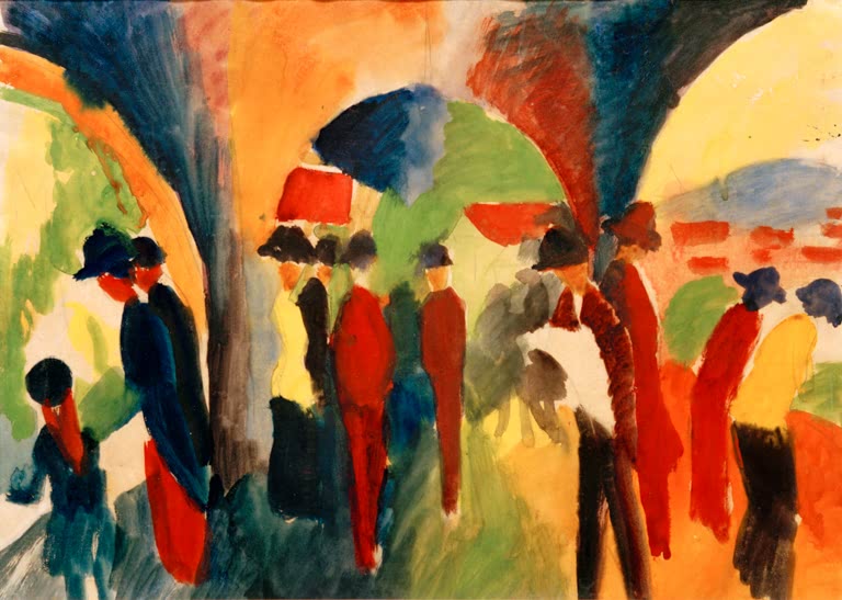 Kunstdruck des Gemäldes „Spaziergänger“ von August Macke. Hochwertig in Deutschland von Hand gefertigt, erhältlich als Leinwand oder Poster und optional gerahmt.