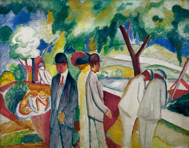Kunstdruck des Gemäldes „Spaziergänger (Großer heller Spaziergang)“ von August Macke. Hochwertig in Deutschland von Hand gefertigt, erhältlich als Leinwand oder Poster und optional gerahmt.