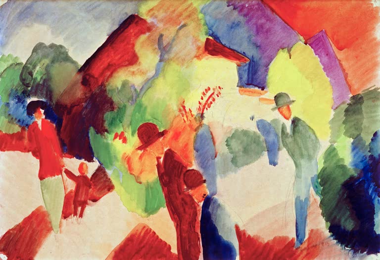 Kunstdruck des Gemäldes „Spaziergänger im Park“ von August Macke. Hochwertig in Deutschland von Hand gefertigt, erhältlich als Poster oder Leinwand und optional gerahmt.