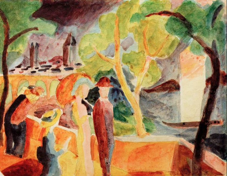 Kunstdruck des Gemäldes „Spaziergänger am See“ von August Macke. Hochwertig in Deutschland von Hand gefertigt, erhältlich als Poster oder Leinwand und optional gerahmt.