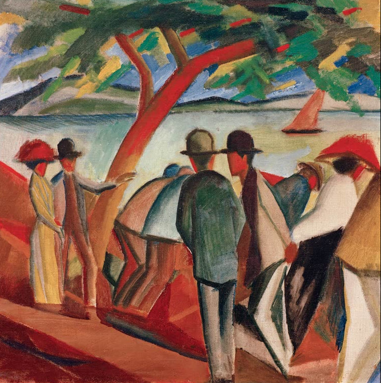Kunstdruck des Gemäldes „Spaziergänger am See“ von August Macke. Hochwertig in Deutschland von Hand gefertigt, erhältlich als Poster oder Leinwand und optional gerahmt.