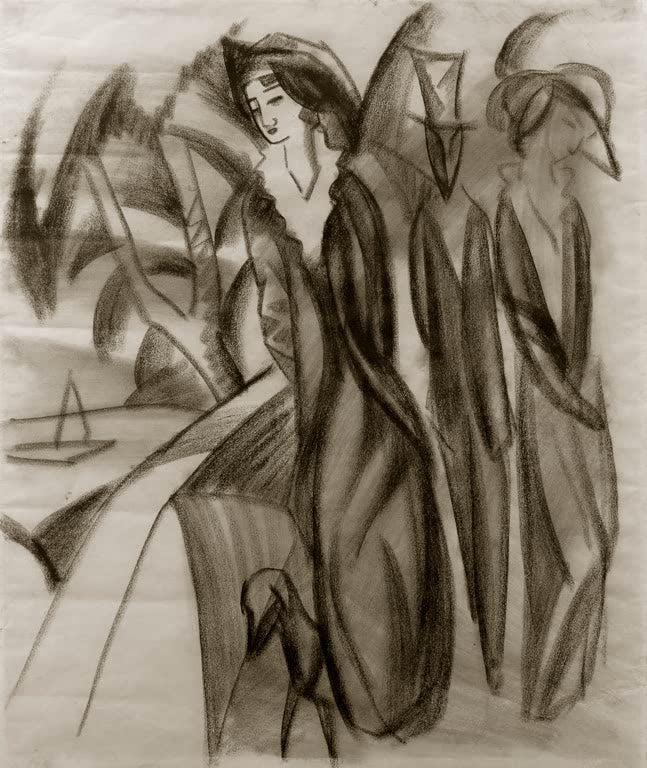 Kunstdruck des Gemäldes „Spaziergänger am See“ von August Macke. Hochwertig in Deutschland von Hand gefertigt, erhältlich als Leinwand oder Poster und optional gerahmt.