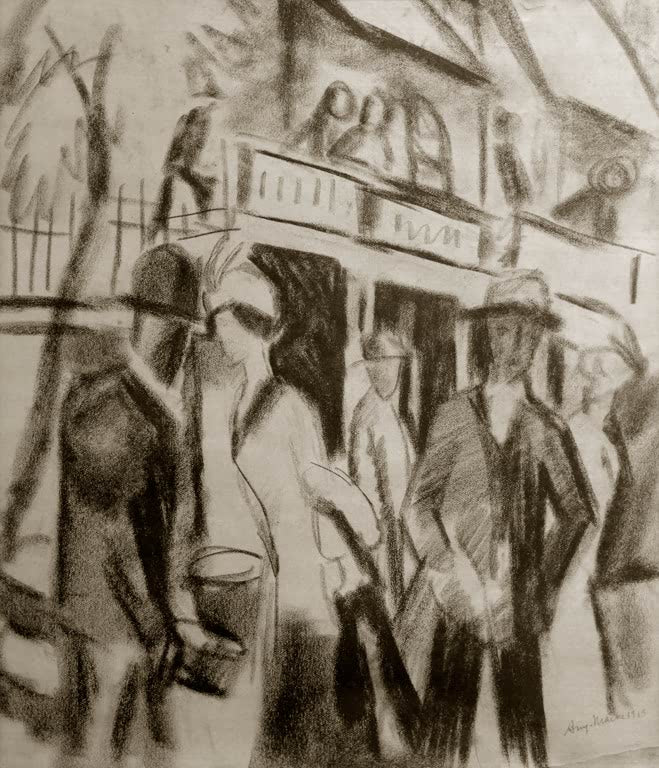 Kunstdruck des Gemäldes „Spaziergänger auf der Straße“ von August Macke. Hochwertig in Deutschland von Hand gefertigt, erhältlich als Poster oder Leinwand und optional gerahmt.