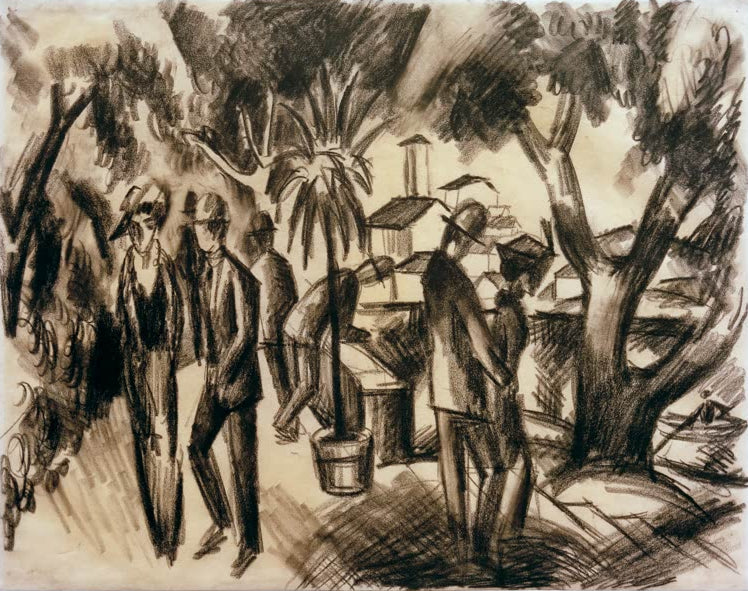 Kunstdruck des Gemäldes „Spaziergänger im Park“ von August Macke. Hochwertig in Deutschland von Hand gefertigt, erhältlich als Poster oder Leinwand und optional gerahmt.
