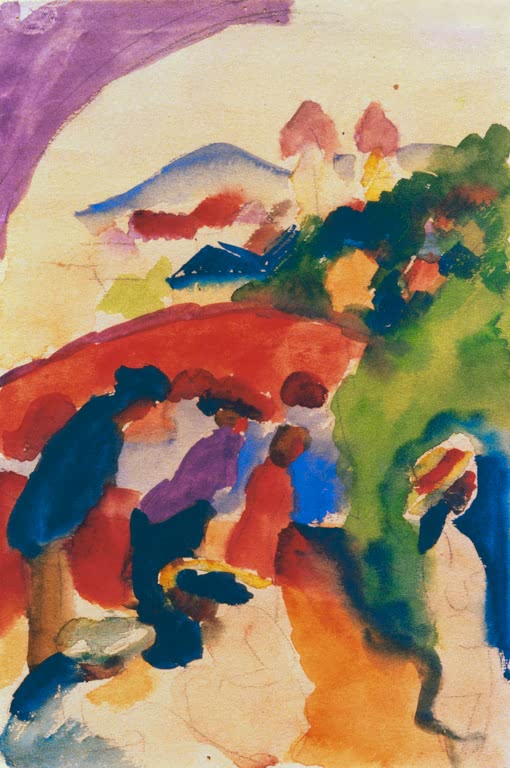 Kunstdruck des Gemäldes „Spaziergänger mit Stadt“ von August Macke. Hochwertig in Deutschland von Hand gefertigt, erhältlich als Leinwand oder Poster und optional gerahmt.