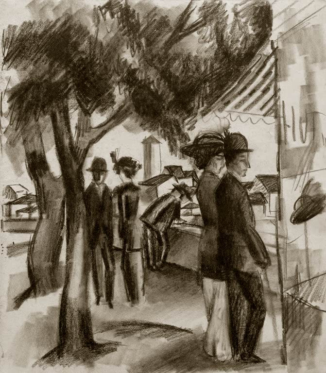 Kunstdruck des Gemäldes „Spaziergänger unter Bäumen“ von August Macke. Hochwertig in Deutschland von Hand gefertigt, erhältlich als Leinwand oder Poster und optional gerahmt.