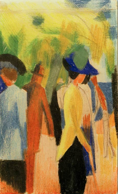 Kunstdruck des Gemäldes „Spaziergänger unter Bäumen (Spaziergänger im Park)“ von August Macke. Hochwertig in Deutschland von Hand gefertigt, erhältlich als Leinwand oder Poster und optional gerahmt.