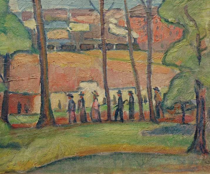 Kunstdruck des Gemäldes „Spaziergang an der Eisenbahn“ von August Macke und Hermann Stenner. Hochwertig in Deutschland von Hand gefertigt, erhältlich als Poster oder Leinwand und optional gerahmt.
