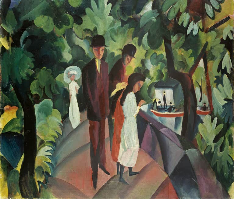 Kunstdruck des Gemäldes „Spaziergang auf der Brücke“ von August Macke. Hochwertig in Deutschland von Hand gefertigt, erhältlich als Leinwand oder Poster und optional gerahmt.