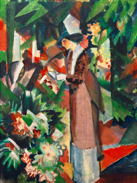 Kunstdruck des Gemäldes „Spaziergang in Blumen“ von August Macke. Hochwertig in Deutschland von Hand gefertigt, erhältlich als Poster oder Leinwand und optional gerahmt.