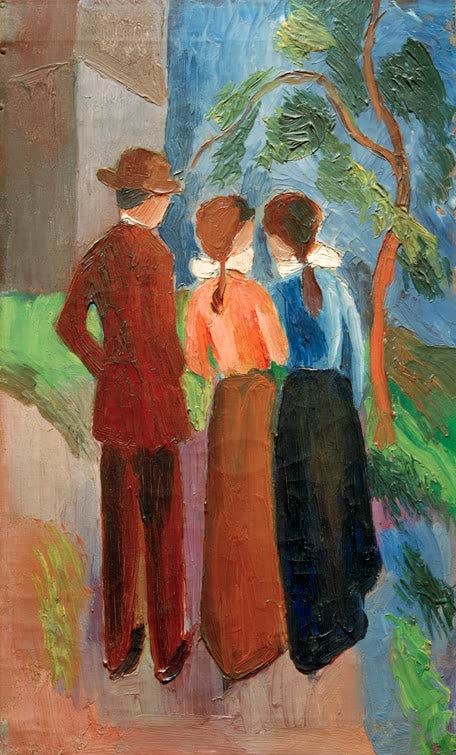 Kunstdruck des Gemäldes „Spaziergang zu dritt“ von August Macke. Hochwertig in Deutschland von Hand gefertigt, erhältlich als Poster oder Leinwand und optional gerahmt.