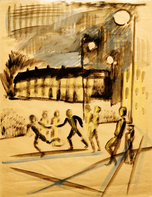 Kunstdruck des Gemäldes „Spielende Kinder am Abend“ von August Macke. Hochwertig in Deutschland von Hand gefertigt, erhältlich als Leinwand oder Poster und optional gerahmt.