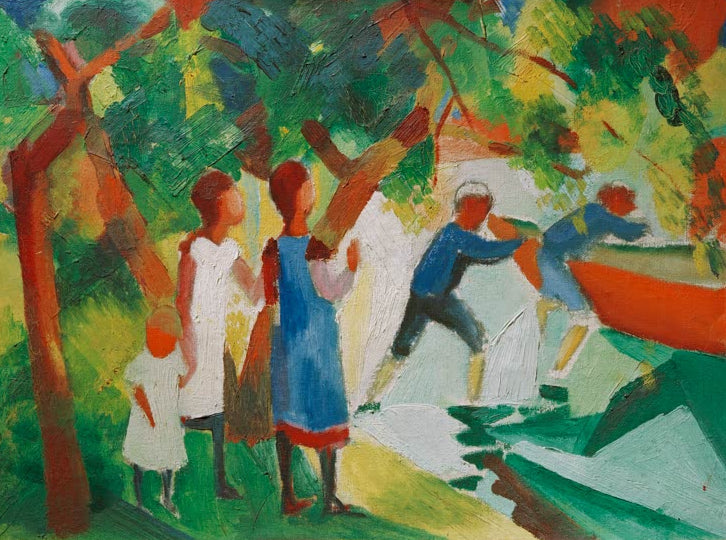 Kunstdruck des Gemäldes „Spielende Kinder am Wasser“ von August Macke. Hochwertig in Deutschland von Hand gefertigt, erhältlich als Poster oder Leinwand und optional gerahmt.