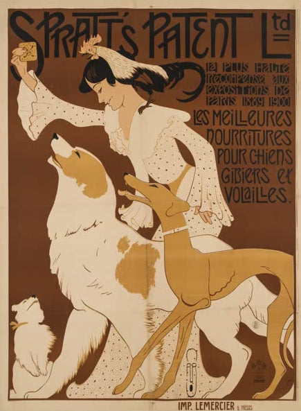 Kunstdruck „Spratt’s Patent“ von Auguste Roubille mit humoristischer Werbeillustration