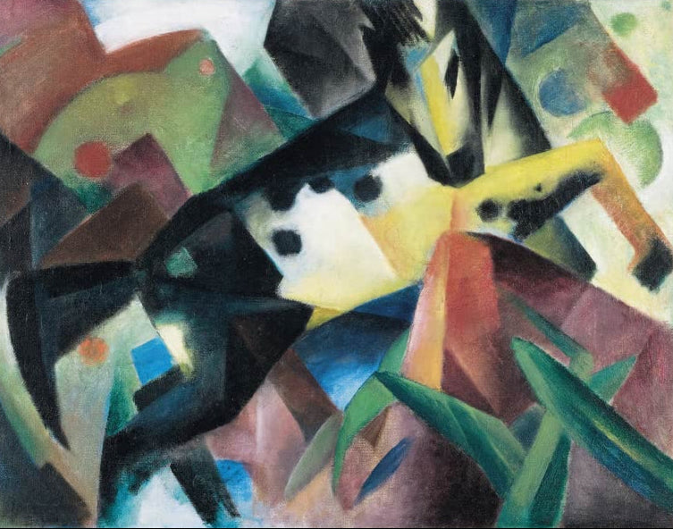 Kunstdruck des Gemäldes „Springendes Pferd“ von Franz Marc. Hochwertig in Deutschland von Hand gefertigt, erhältlich als Poster oder Leinwand und optional gerahmt.