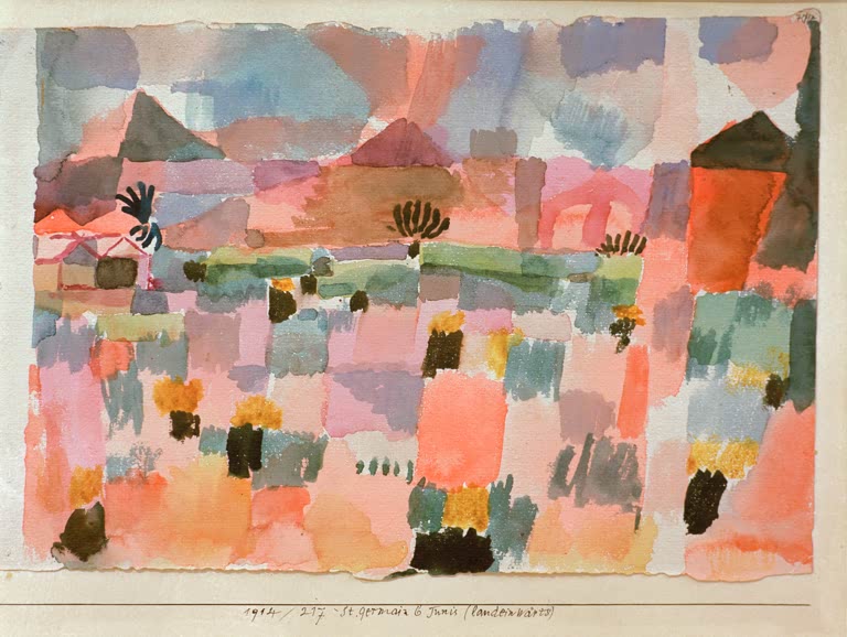 Kunstdruck „St. Germain b. Tunis (landeinwärts)“ von Paul Klee mit abstrakter Landschaft in warmen mediterranen Farbtönen

