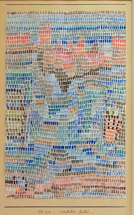 Kunstdruck von „Städtebild Graben“ von Paul Klee mit abstrakter Stadtansicht und geometrischen Formen in harmonischer Farbgestaltung.