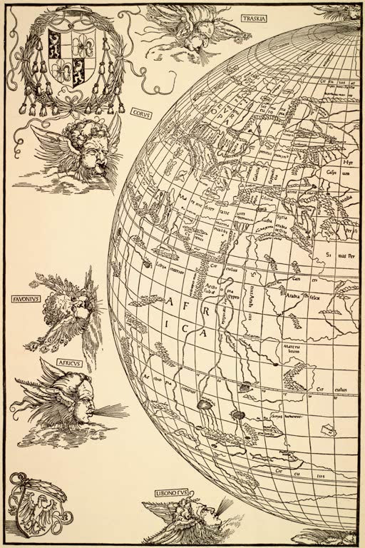 Kunstdruck „Stabius' Weltkarte, westliche Hälfte“ von Albrecht Dürer mit historischer Kartenansicht