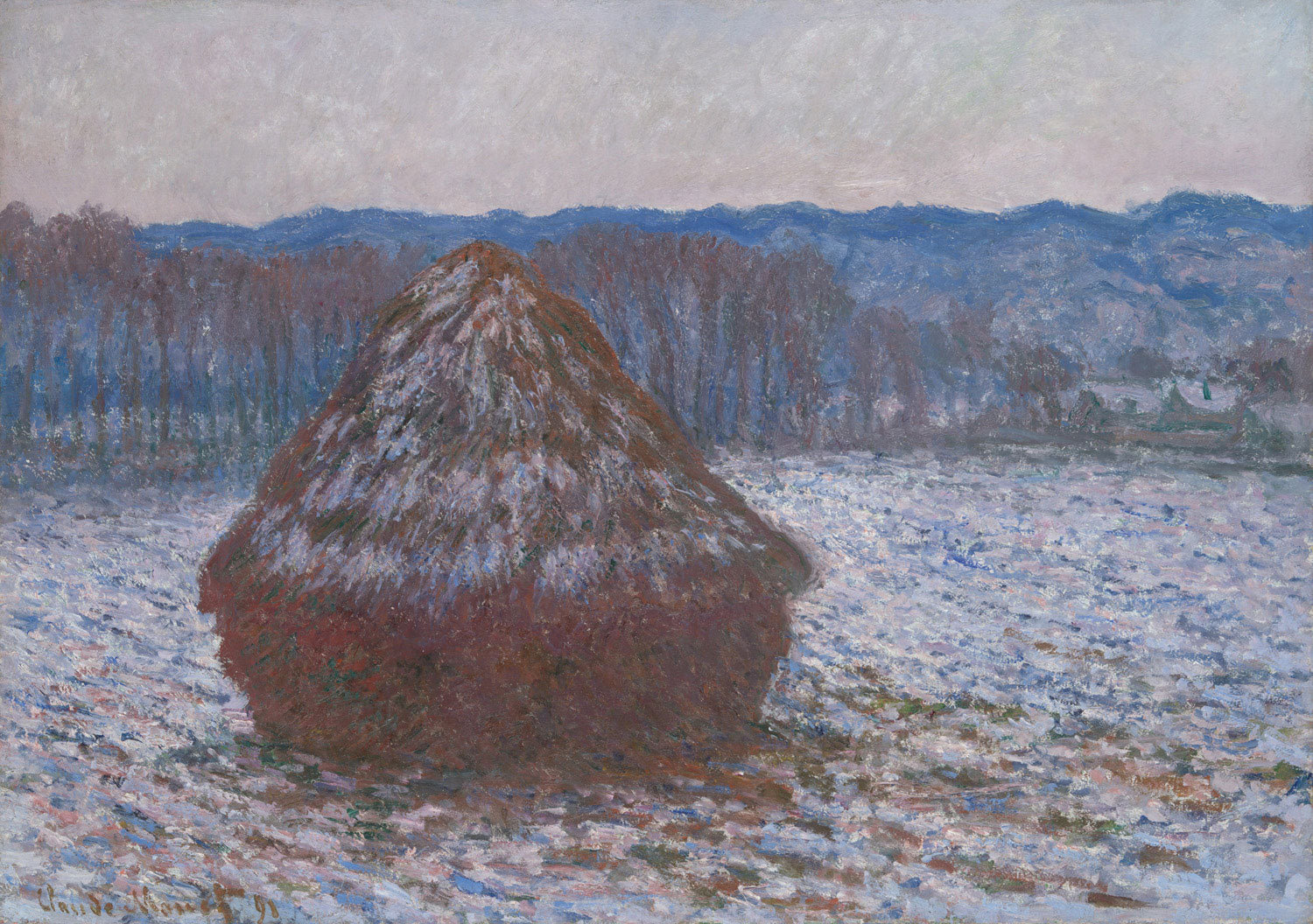 Getreideschober im Winter, Gemälde von Claude Monet, 1890-91. Darstellung einer schneebedeckten Landschaft mit einem zentralen Heuhaufen im Vordergrund, umgeben von Bäumen und Hügeln im Hintergrund. Dezente Blau- und Lilatöne vermitteln eine ruhige, neblige Atmosphäre.
