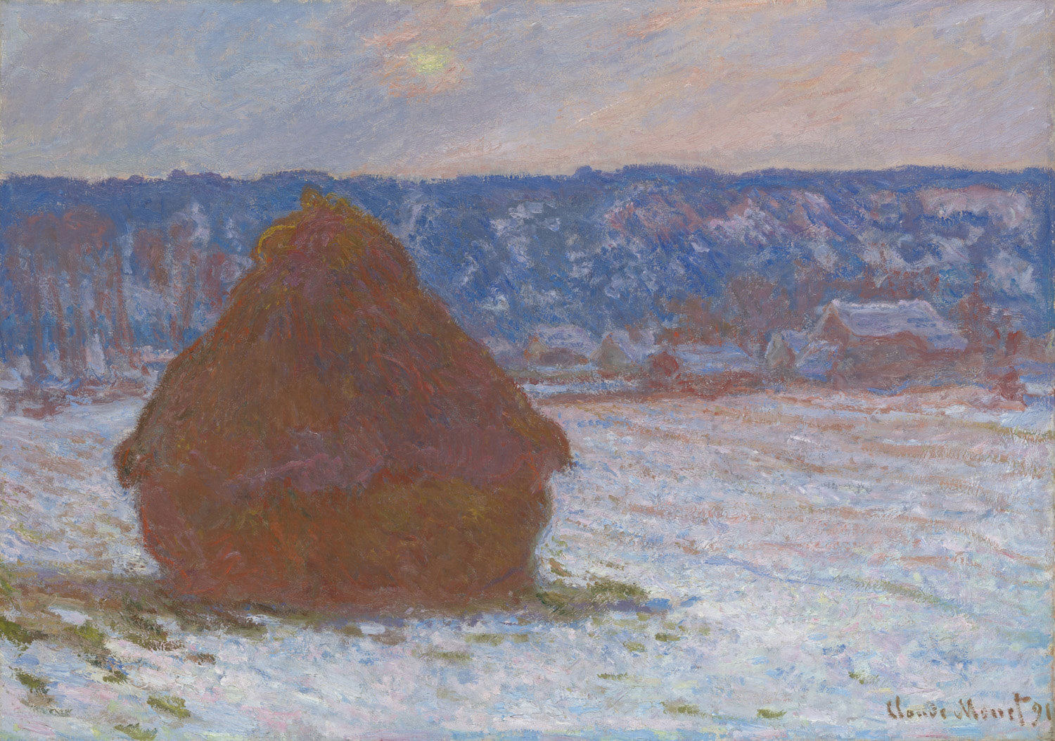 Gemälde eines Getreideschobers von Claude Monet an einem verschneiten Tag mit bewölktem Himmel, sanfte Farben und impressionistische Pinselstriche, die eine ruhige Winterlandschaft darstellen.