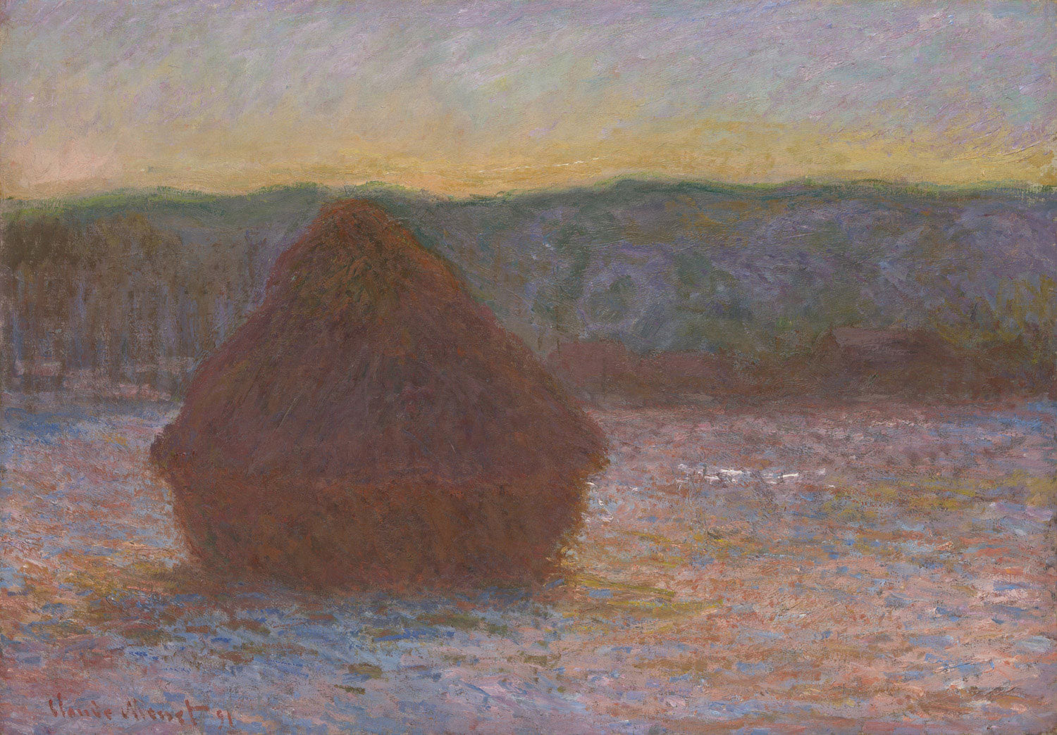 Gemälde eines Getreideschobers im Schnee von Claude Monet. Sanfte Winterfarben in Blau, Weiß und Violett, mit einem bedeckten Himmel im Hintergrund, typisch für den impressionistischen Stil.